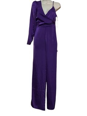 Lulus Stun Two Three Purple Satin Asymmetrical Wide Leg Jumpsuit NWT XS